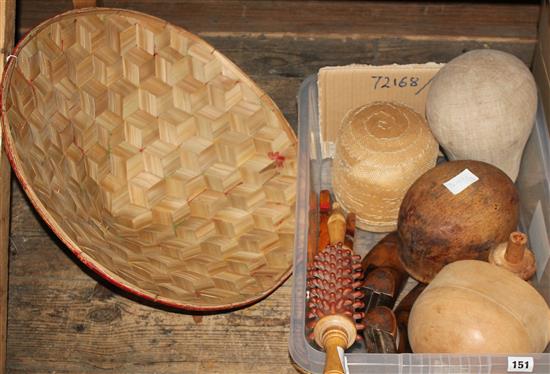 Four late 19th century  wooden and fabric covered Milliners hat stands, 2 wooden stretchers and a back massager